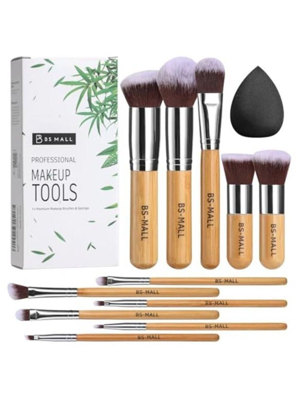 Small Makeup Brush Set 11Pcs Bamboo Synthetic Kabuki Brush Set